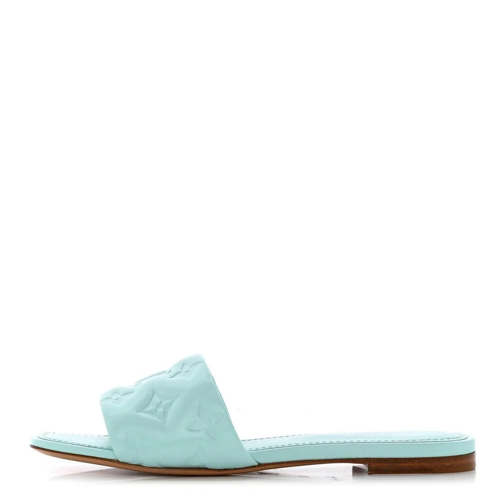 LOUIS VUITTON METALLIC LAMBSKIN MONOGRAM REVIVAL HIGH HEEL MULES MINT & LIGHT BLUE
