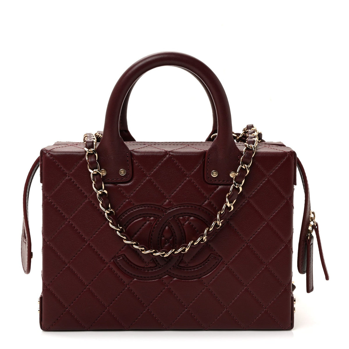 CALFSKIN QUILTED STUDDED SQUARE VANITY CASE BURGUNDY