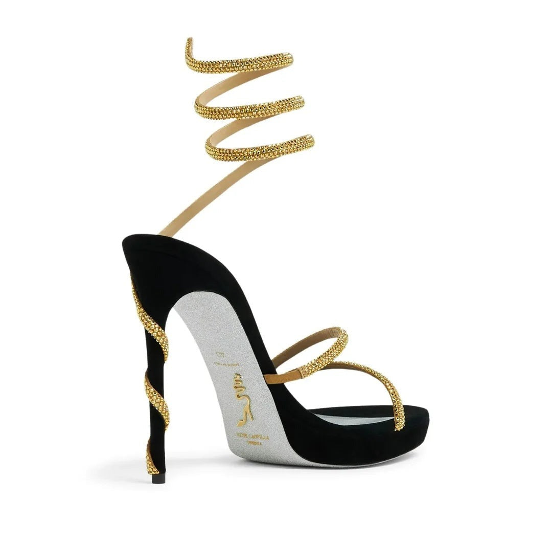 RENÉ CAOVILLA CLEO 40MM CRYSTAL-EMBELLISHED SANDAL BLACK & GOLD
