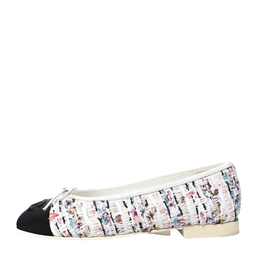 CHANEL TWEED GROSGRAIN CAP TOE CC BALLERINA FLAT PINK PINK & MULTICOLOR WHITE