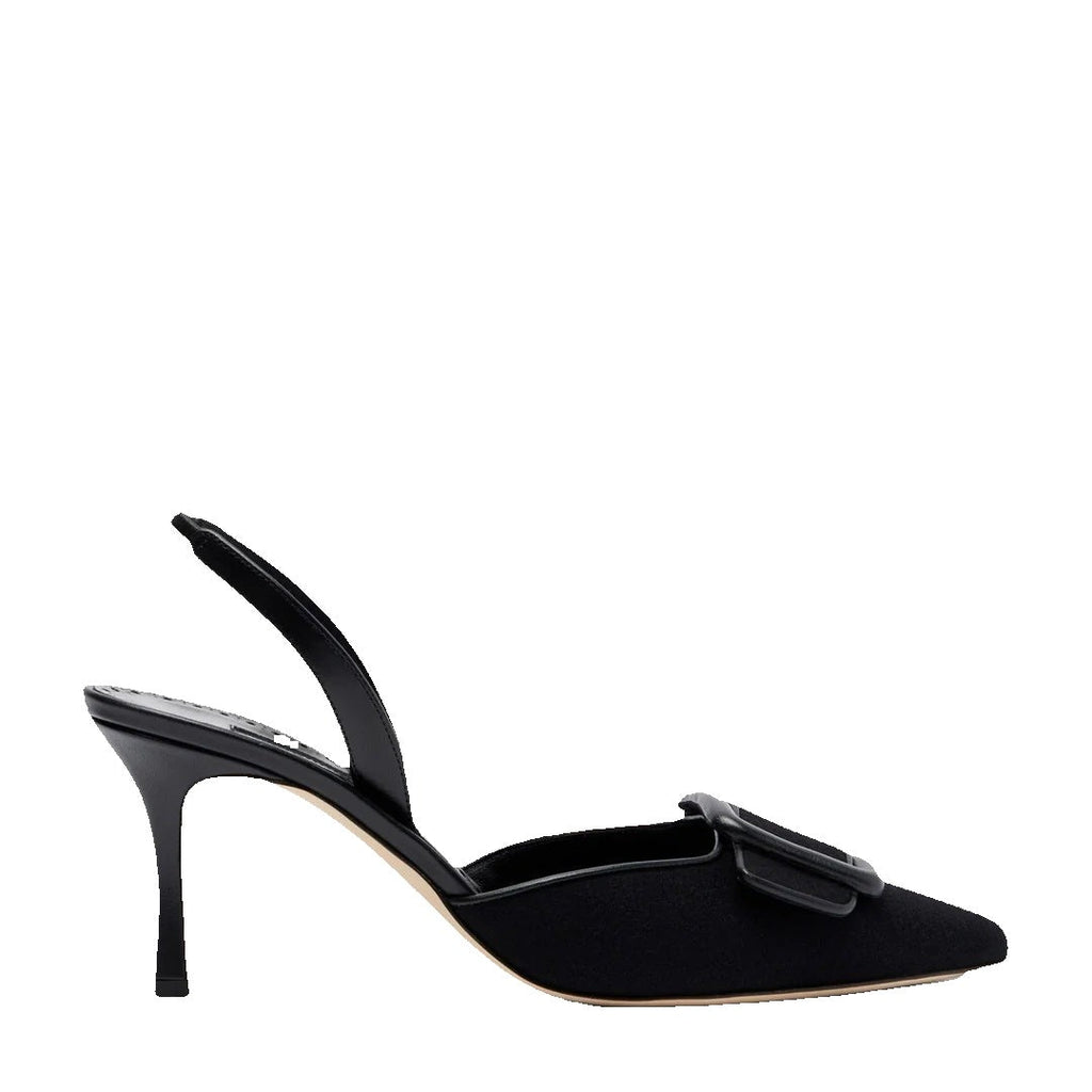MANOLO BLAHNIK MAYSLIBI BUCKLED LEATHER-TRIMMED VELVET SLINGBACK PUMPS BLACK