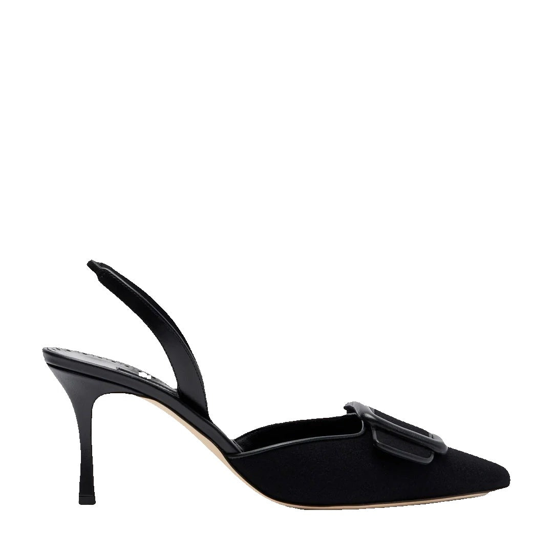 MANOLO BLAHNIK MAYSLIBI BUCKLED LEATHER-TRIMMED VELVET SLINGBACK PUMPS BLACK