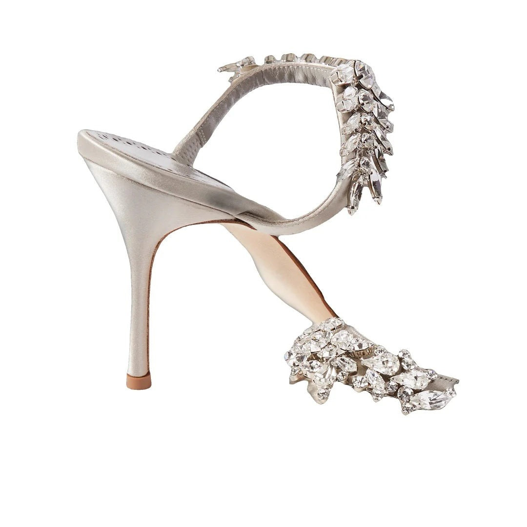 MANOLO BLAHNIK LURUM CRYSTAL-EMBELLISHED SATIN MULES BEIGE & CHAMPAGNE