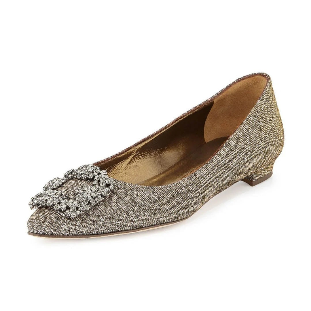 MANOLO BLAHNIK HANGISI CRYSTAL-BUCKLE PUMPS GOLD & BRONZE GLITTER