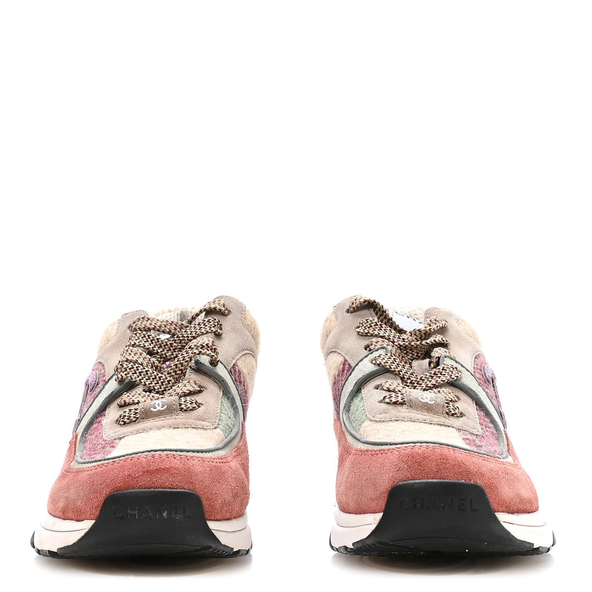CHANEL FABRIC SUEDE CALFSKIN CC SNEAKERS PINK BEIGE WHITE & MULTICOLOR RAINBOW