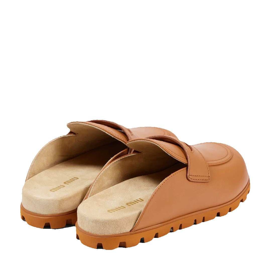 MIU MIU BOS TAURUS CALF LEATHER MULES BROWN & TAN