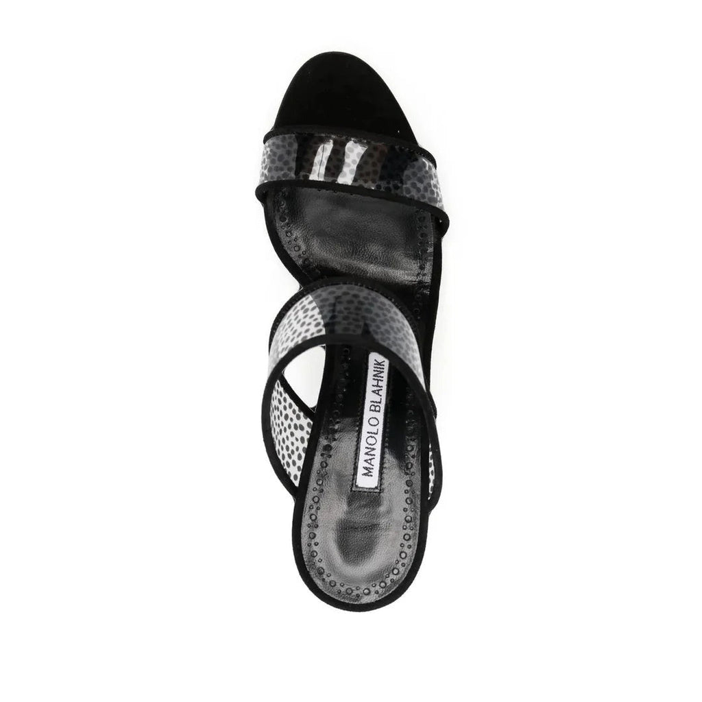 MANOLO BLAHNIK JADARON POLKA-DOT SILK HEELED SANDALS BLACK & WHITE