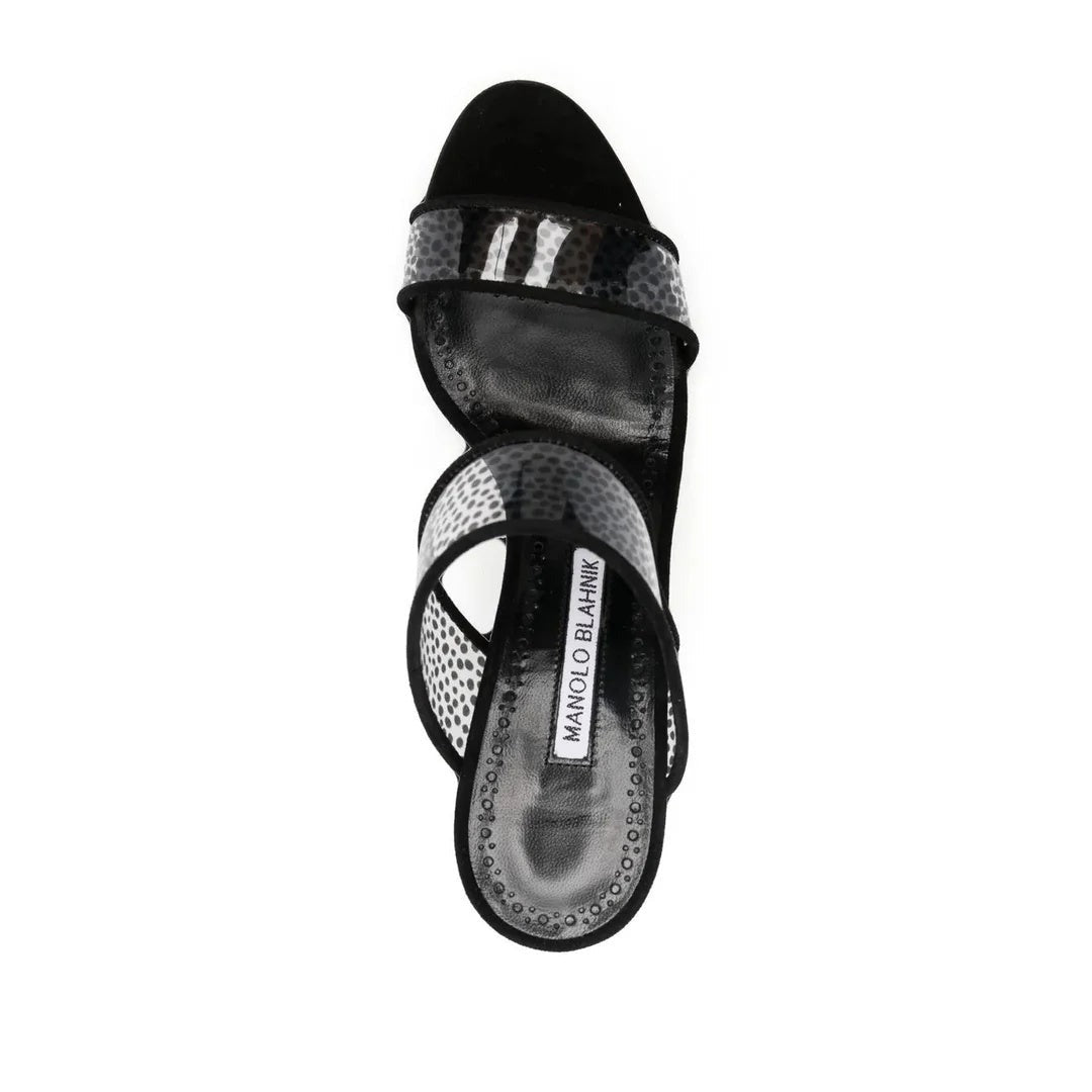 MANOLO BLAHNIK JADARON POLKA-DOT SILK HEELED SANDALS BLACK & WHITE