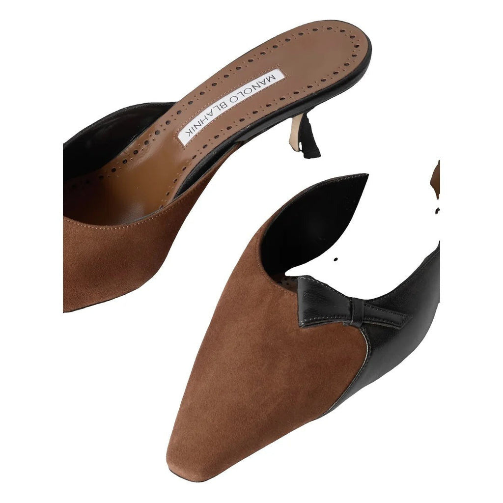 MANOLO BLAHNIK MOREMU EMBROIDERED LEATHER MULES BROWN & BLACK