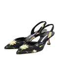 MANOLO BLAHNIK CAROLYNE WOVEN-RAFFIA SLINGBACK PUMPS BLACK WITH FLORAL PRINT