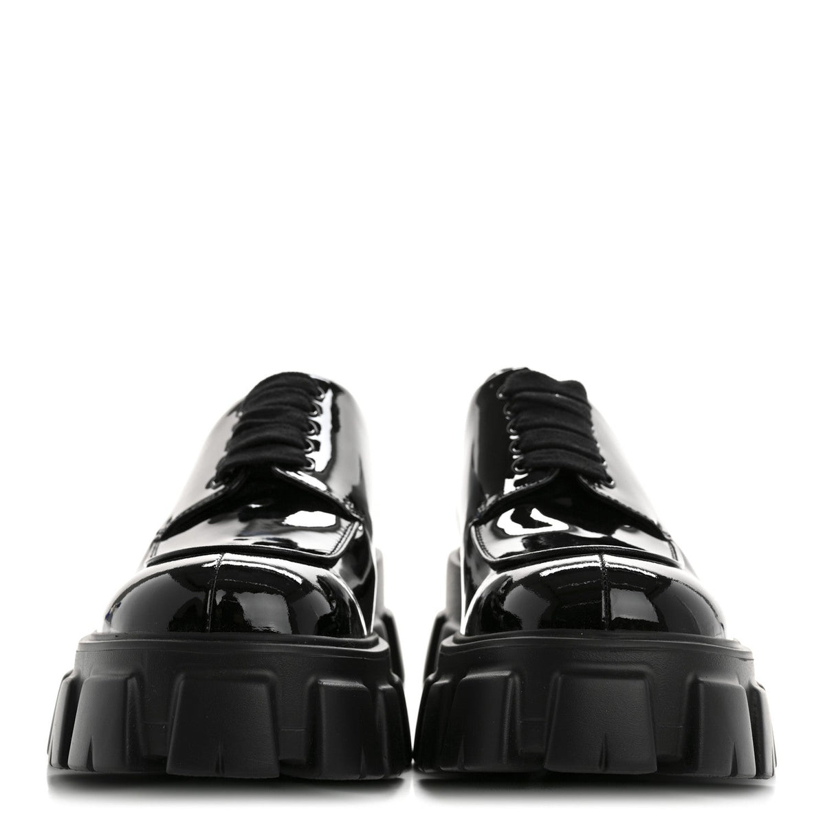 PRADA MONOLITH DERBY LOAFERS BLACK PATENT BLACK