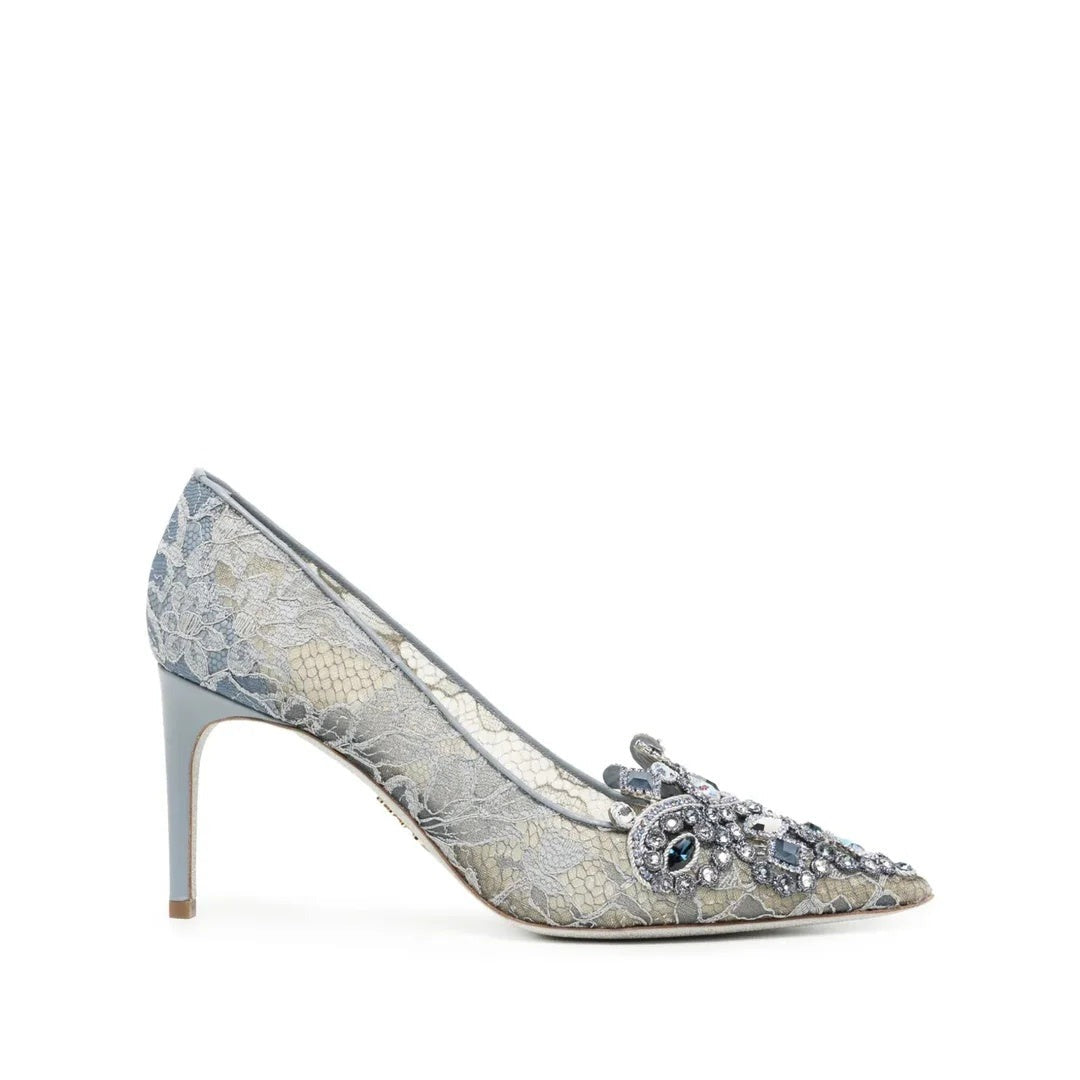 RENÉ CAOVILLA CRYSTAL-EMBELLISHED LACE SATIN SLINGBACK PUMP LIGHT BLUE & GREY