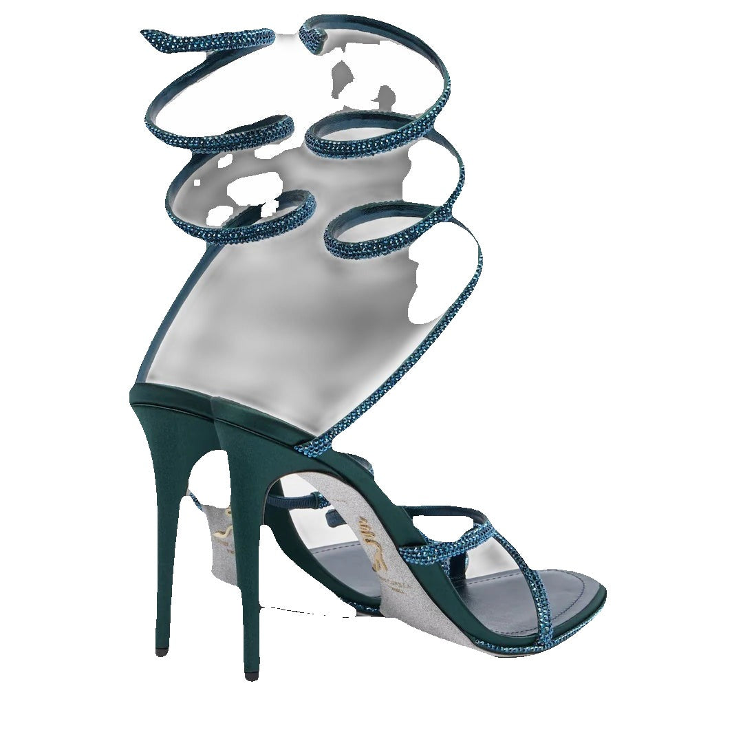 RENÉ CAOVILLA FLOWER CLEO SATIN HEELED SANDAL GREEN