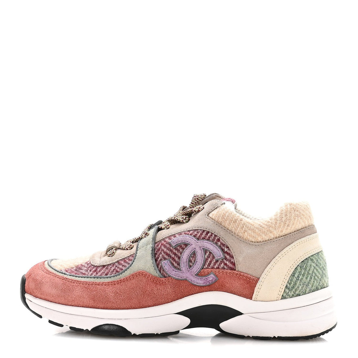 CHANEL FABRIC SUEDE CALFSKIN CC SNEAKERS PINK BEIGE WHITE & MULTICOLOR RAINBOW