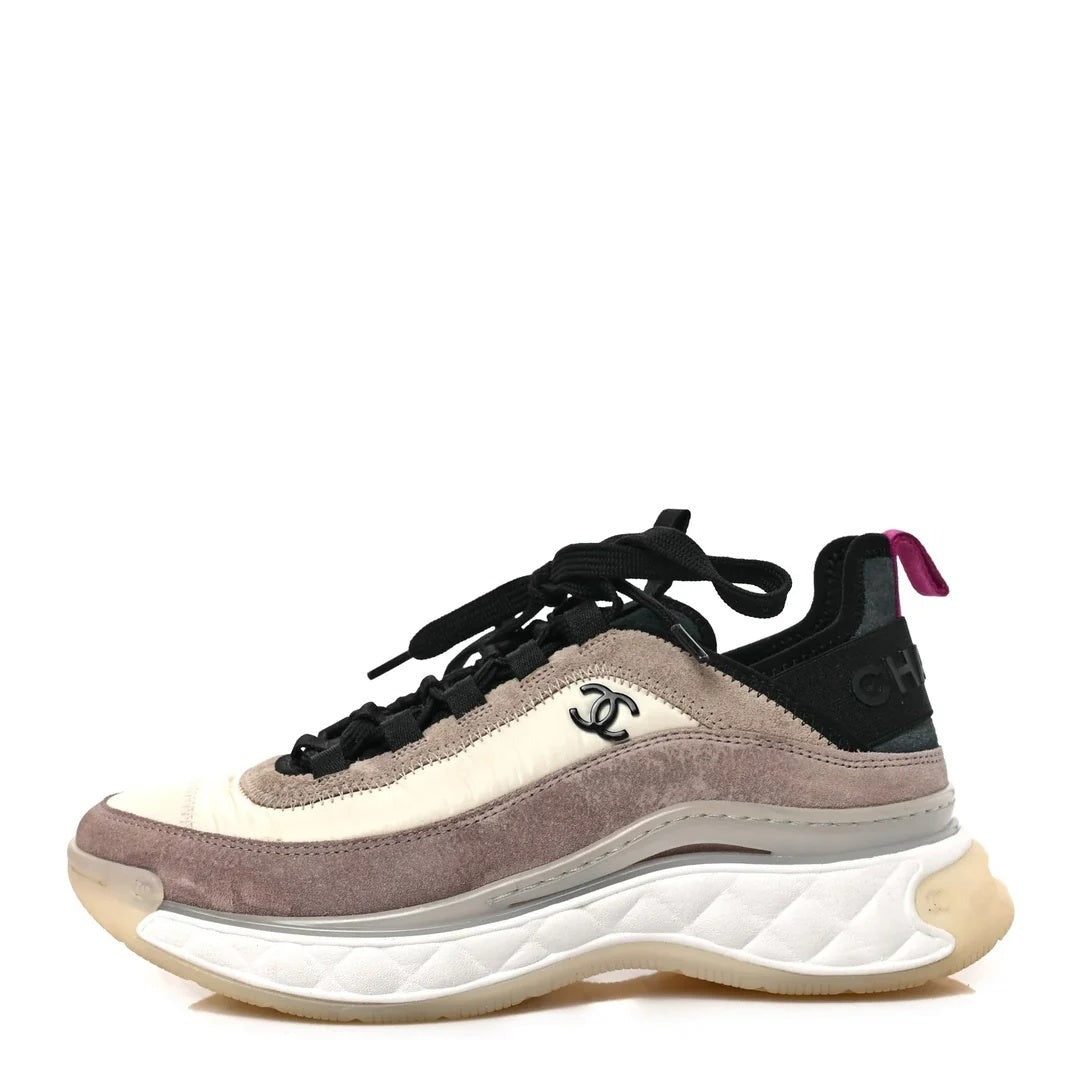 CHANEL FABRIC SUEDE CALFSKIN CC SNEAKERS PINK BEIGE BLACK & BEIGE & PINK