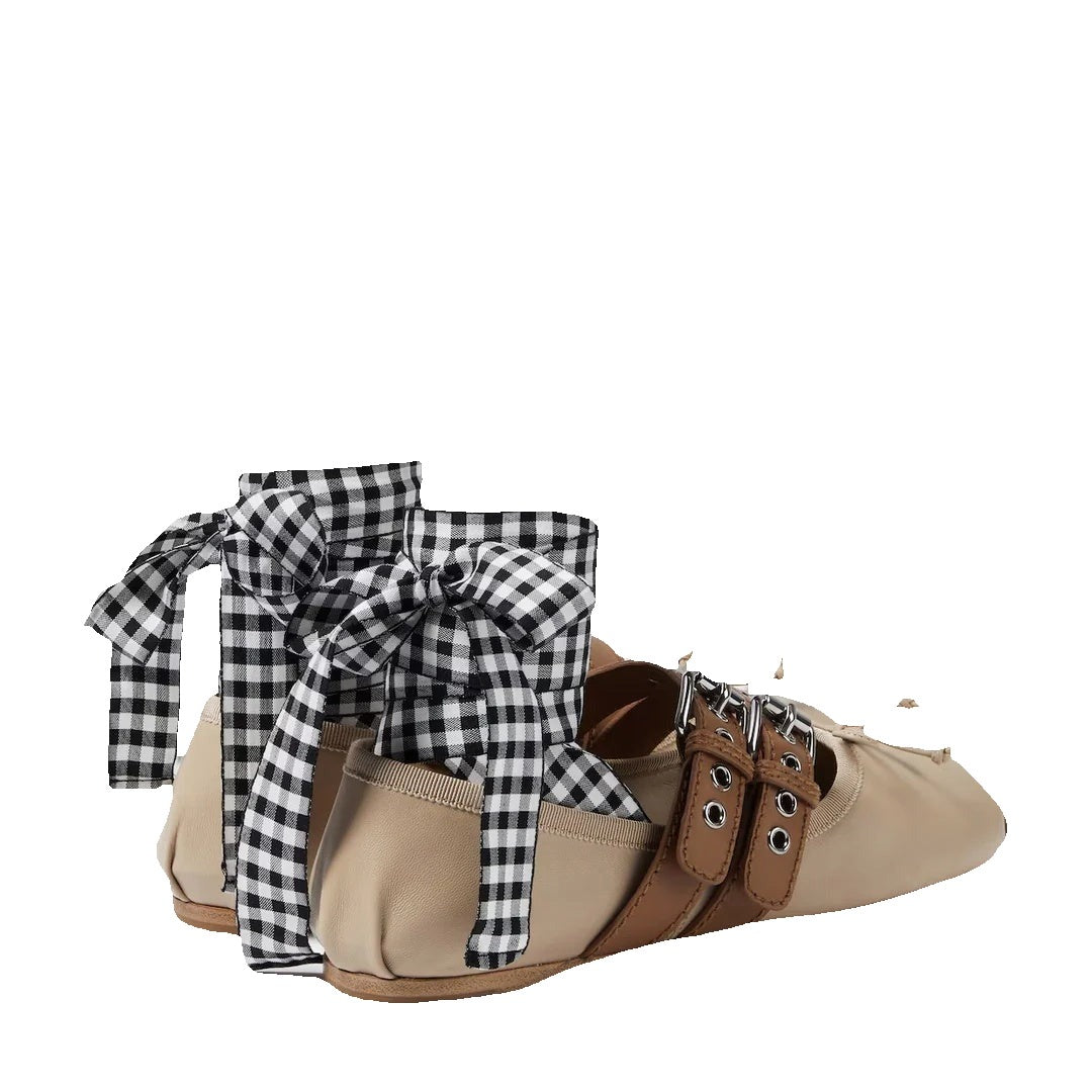 MIU MIU NAPPA RUCHED BALLET FLATS BEIGE WITH GINGHAM RIBBONS
