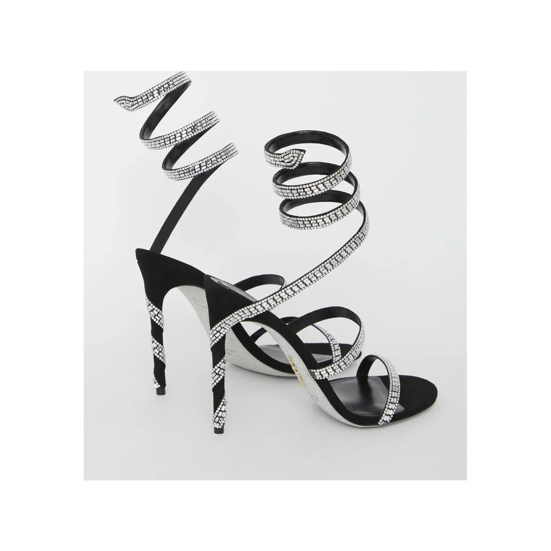 RENÉ CAOVILLA MARGOT CHAMPAGNE SANDAL WITH BUTTERFLIES BLACK & SILVER