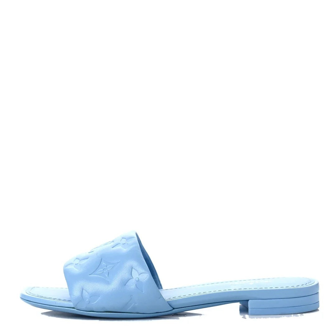 LOUIS VUITTON METALLIC LAMBSKIN MONOGRAM REVIVAL HIGH HEEL MULES MINT & LIGHT BLUE