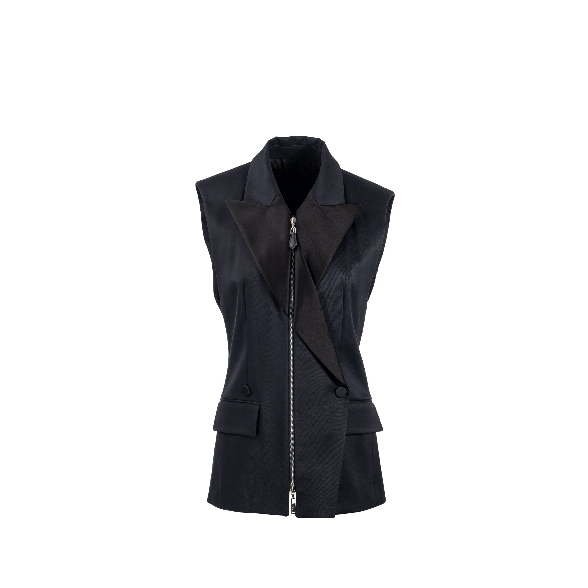louis-vuitton-size-36-sleeveless-zip-up-blazer-silk-wool-black