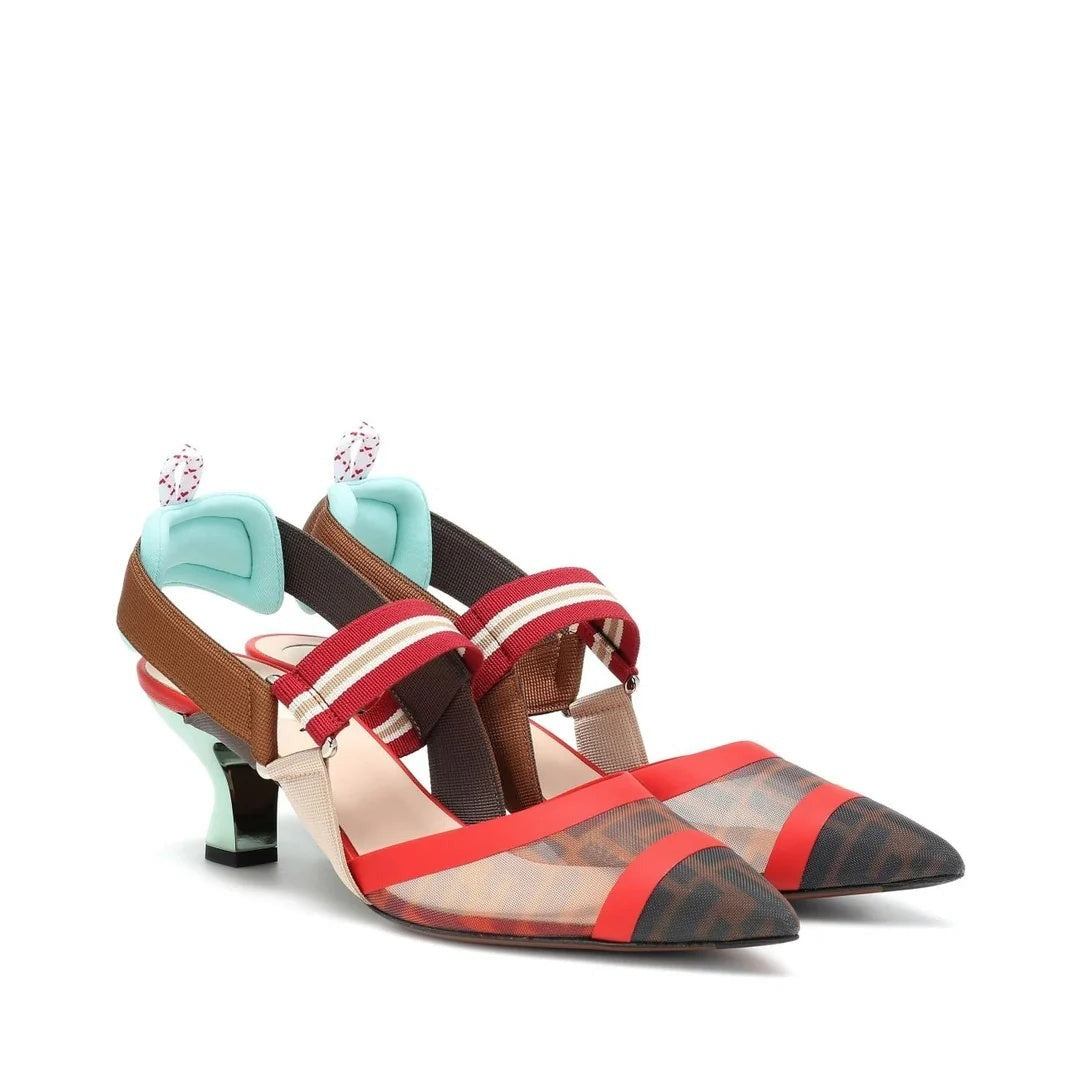 FENDI 85MM COLIBRÌ LEATHER SLINGBACK PUMPS PINK RED & BROWN MULTICOLOR