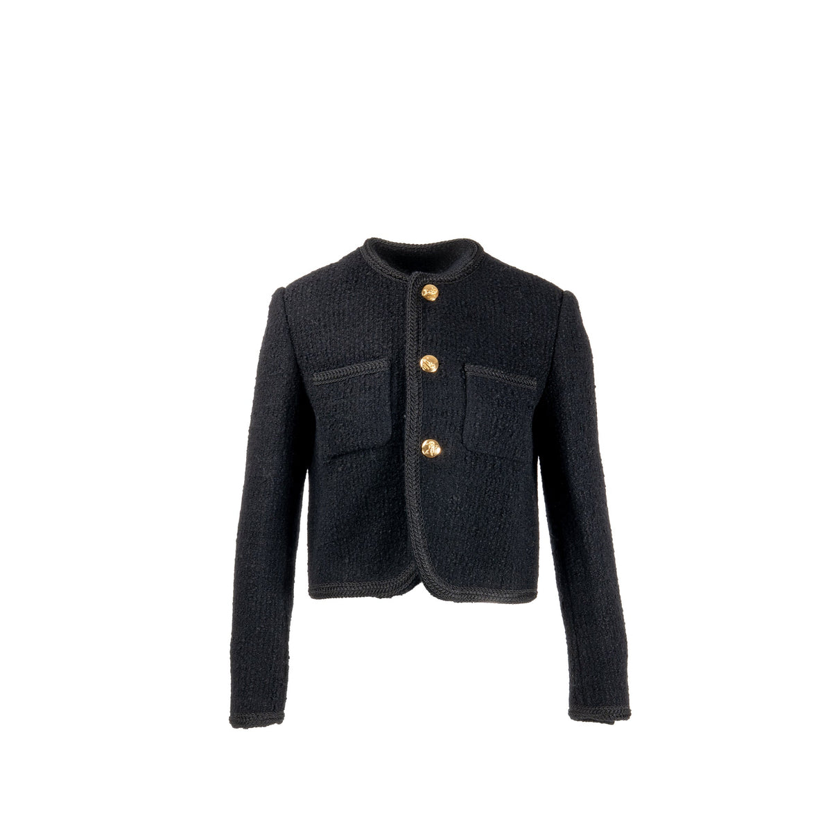 celine-size-38-chasseur-jacket-in-boucle-tweed-wool-cotton-polyamide-black-ghw