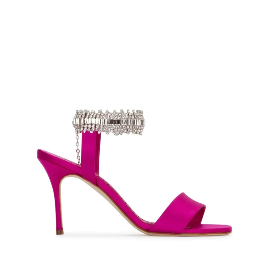 MANOLO BLAHNIK VIERASAN CROSSOVER-STRAP HEELED SANDALS PINK & FUCHSIA