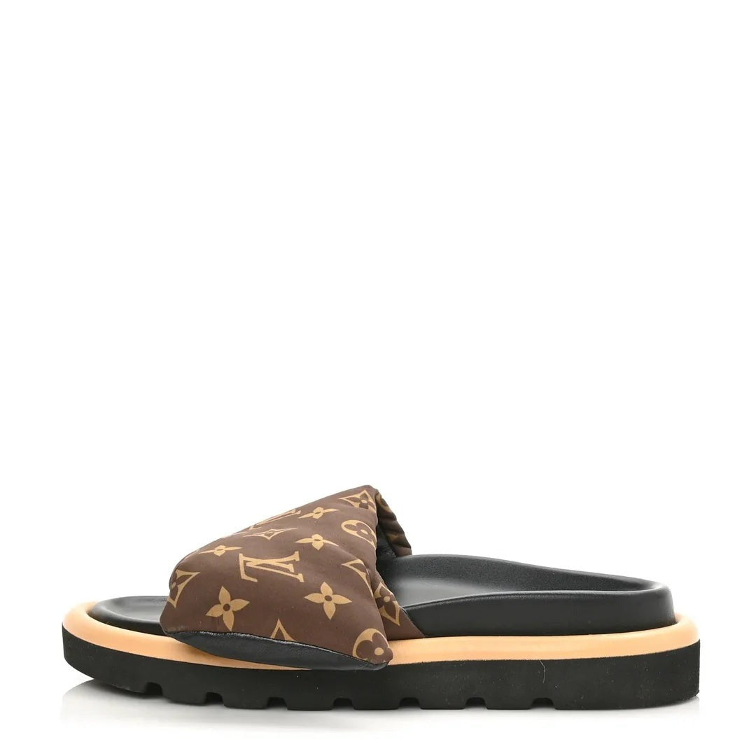 LOUIS VUITTON LAMBSKIN EMBOSSED MONOGRAM POOL PILLOW FLAT COMFORT MULE BROWN MONOGRAM