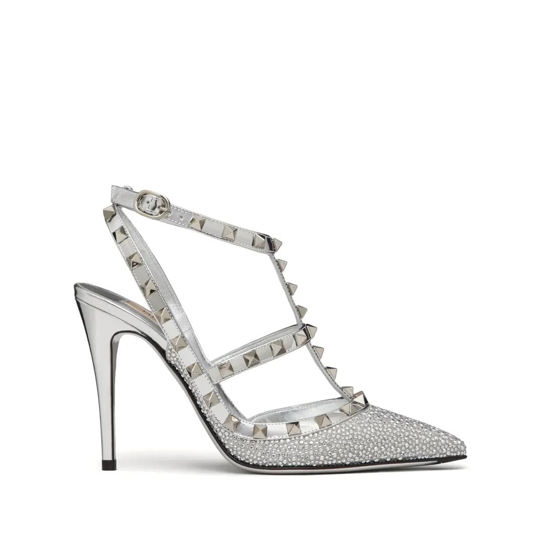 VALENTINO GARAVANI ROCKSTUD KIDSKIN PUMPS 100MM SILVER & CRYSTAL