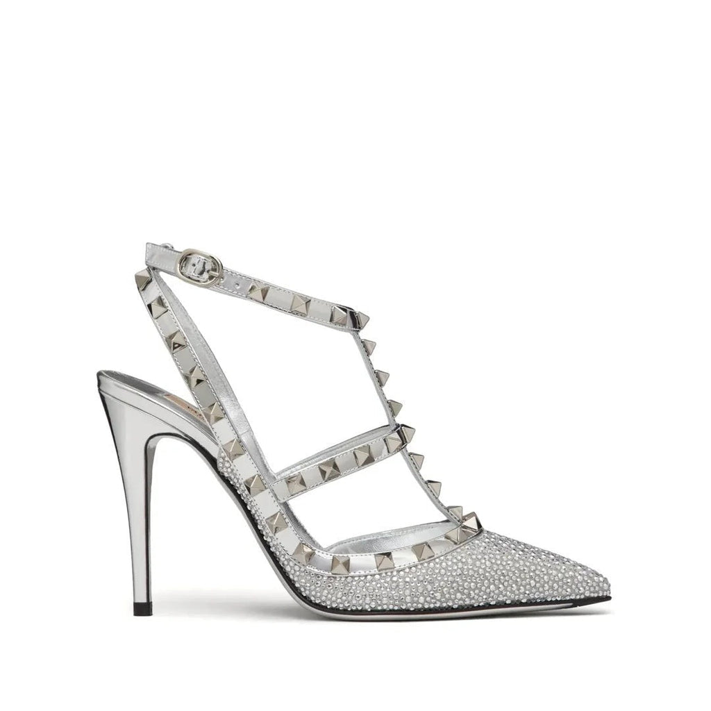 VALENTINO GARAVANI ROCKSTUD KIDSKIN PUMPS 100MM SILVER & CRYSTAL