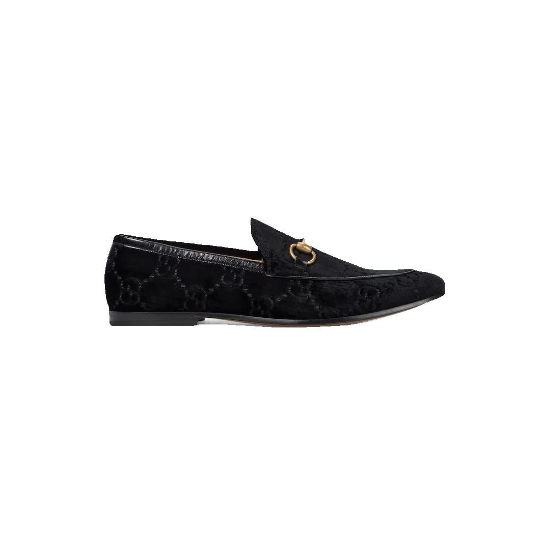 GUCCI GOATSKIN BEE STAR EMBROIDERED JORDAAN LOAFERS BLACK GG VELVET (DIFFERENT MATERIAL)