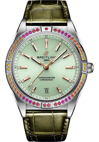 breitling-chronomat-automatic-36-south-sea-watch-stainless-steel-gem-set-mint-green-dial-green-alligator-leather-strap-folding-buckle-a10380611l1p1