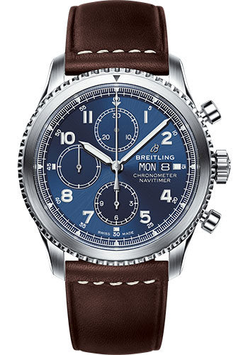 breitling-aviator-8-chronograph-43-watch-steel-case-blue-dial-brown-leather-strap-a13314101c1x2