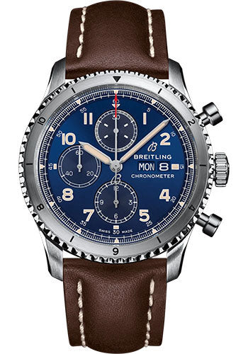 breitling-aviator-8-chronograph-43-watch-stainless-steel-blue-dial-brown-calfskin-leather-strap-folding-buckle-a13316101c1x4