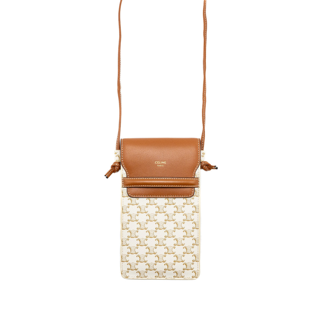 celine-phone-pouch-with-flap-triomphe-canvas-lambskin-white-tan