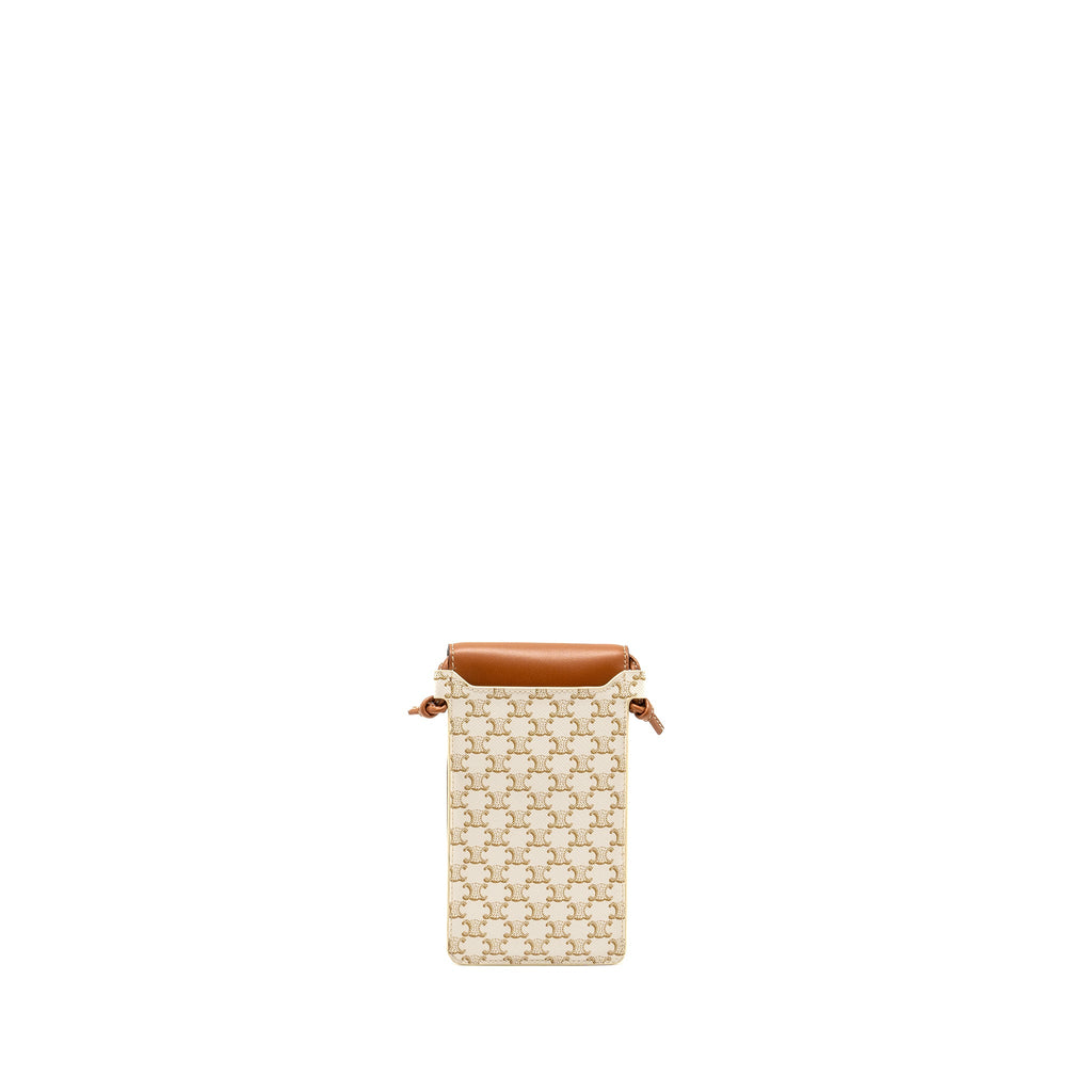 celine-phone-pouch-with-flap-triomphe-canvas-lambskin-white-tan