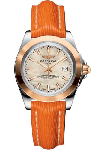 breitling-galactic-32-sleek-watch-steel-and-18k-rose-gold-mother-of-pearl-dial-orange-calfskin-leather-strap-tang-buckle-c71330121a1x1
