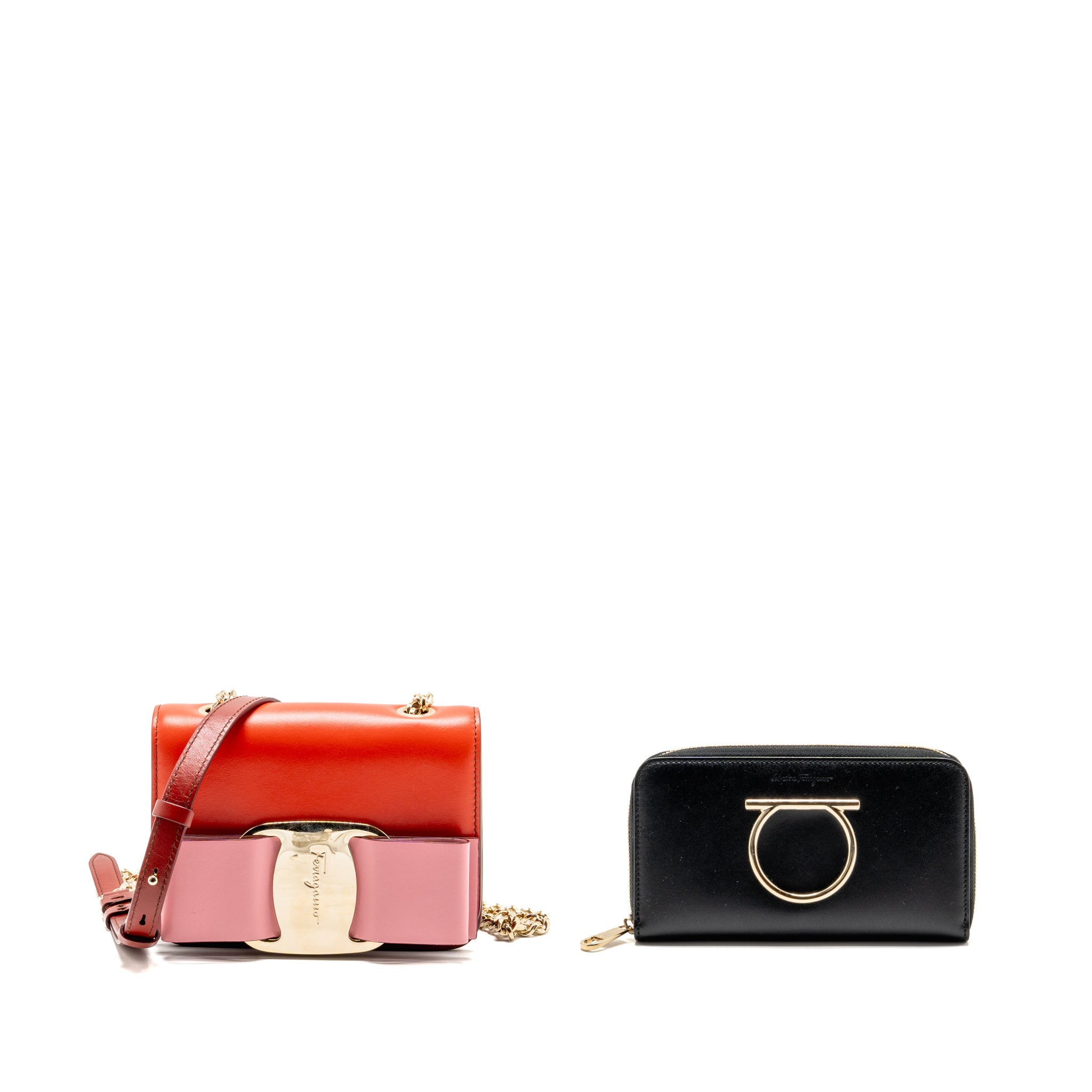 salvatore-ferragamo-vara-bow-bag-red-pink-and-oversize-gancini-wallet-black-calfskin-ghw-sell-in-set