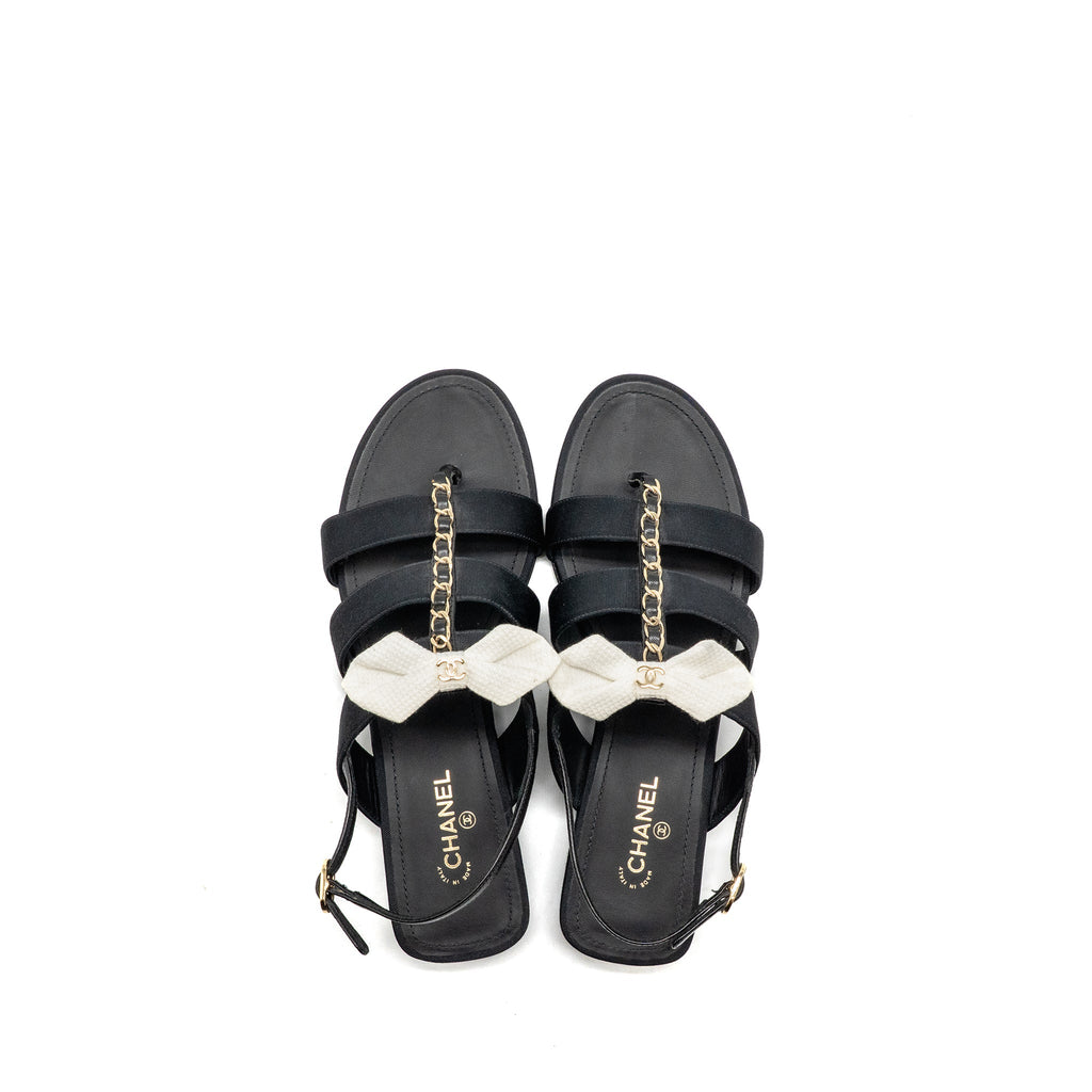 chanel-size-37-5-white-bow-chain-detailed-grosgrain-sandals-leather-fabric-black-lghw