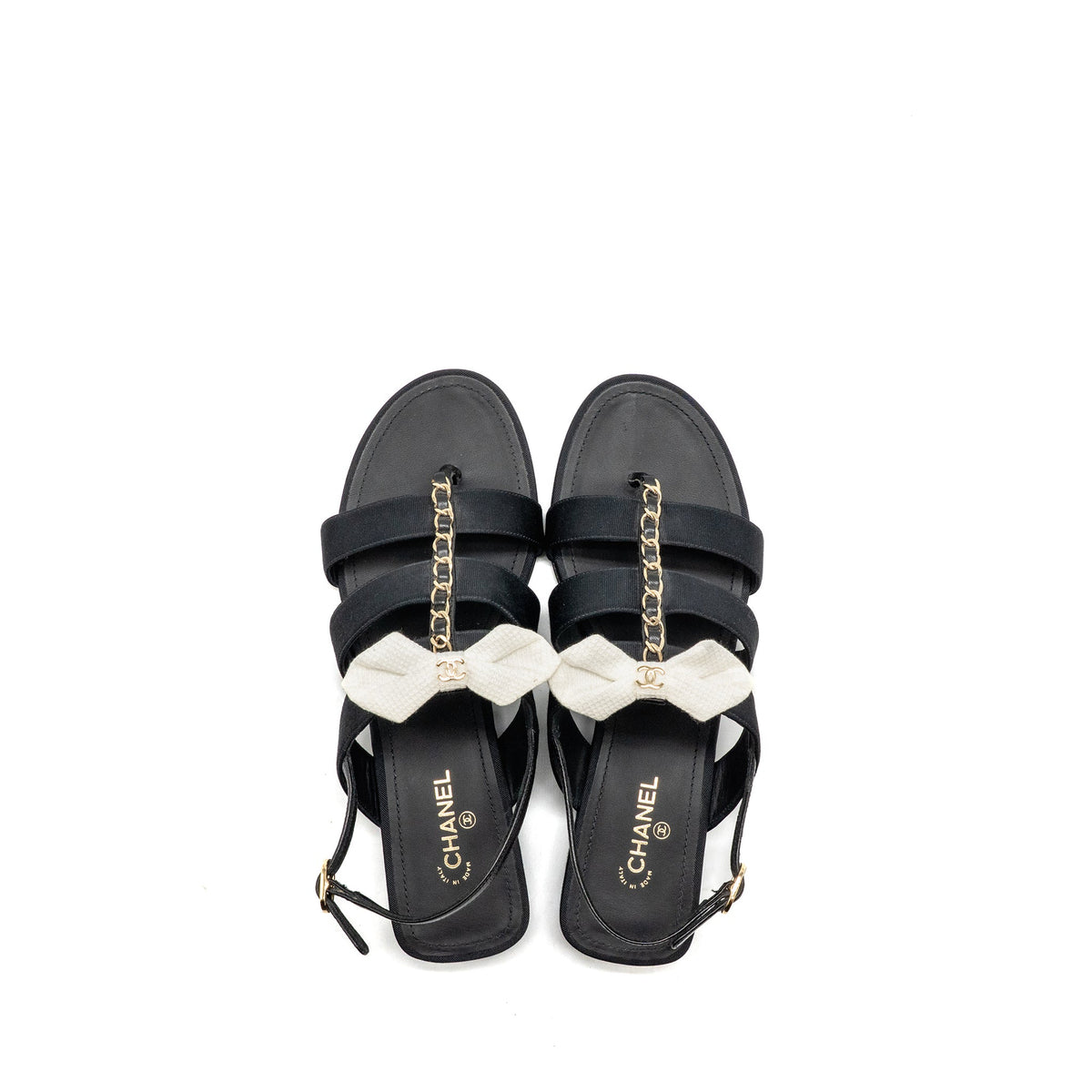chanel-size-37-5-white-bow-chain-detailed-grosgrain-sandals-leather-fabric-black-lghw