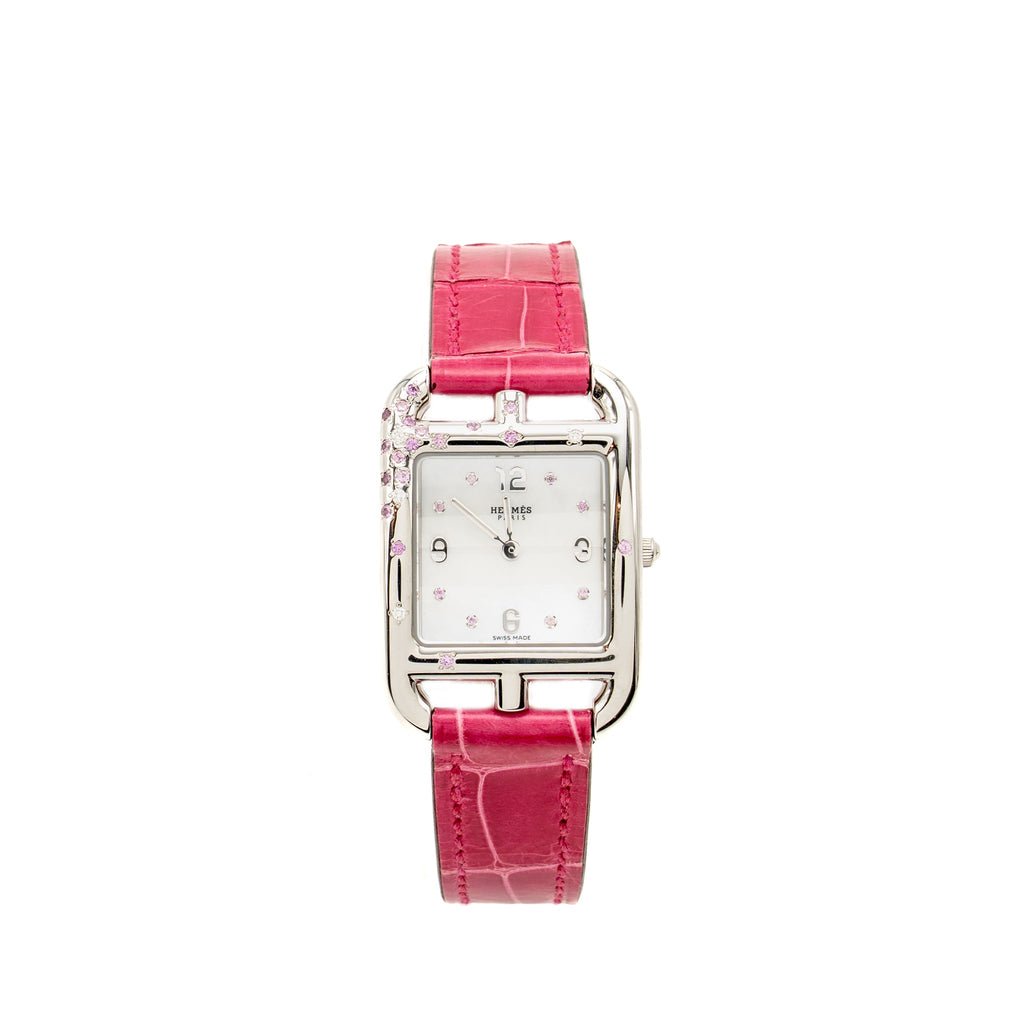 hermes-cape-cod-watch-small-model-31mm-steel-case-mother-of-pearl-dial-with-diamonds-alligator-raspberry-strap-copy