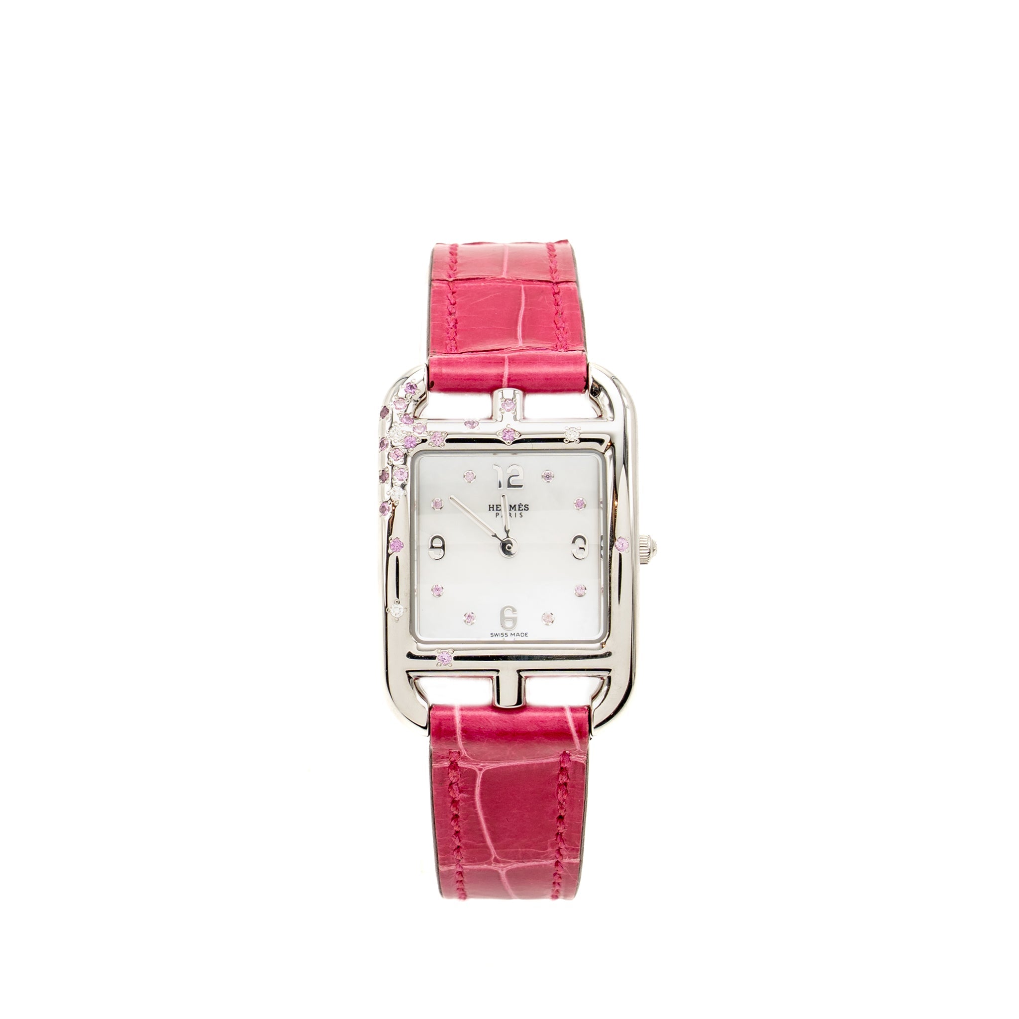 hermes-cape-cod-watch-small-model-31mm-steel-case-mother-of-pearl-dial-with-diamonds-alligator-raspberry-strap-copy