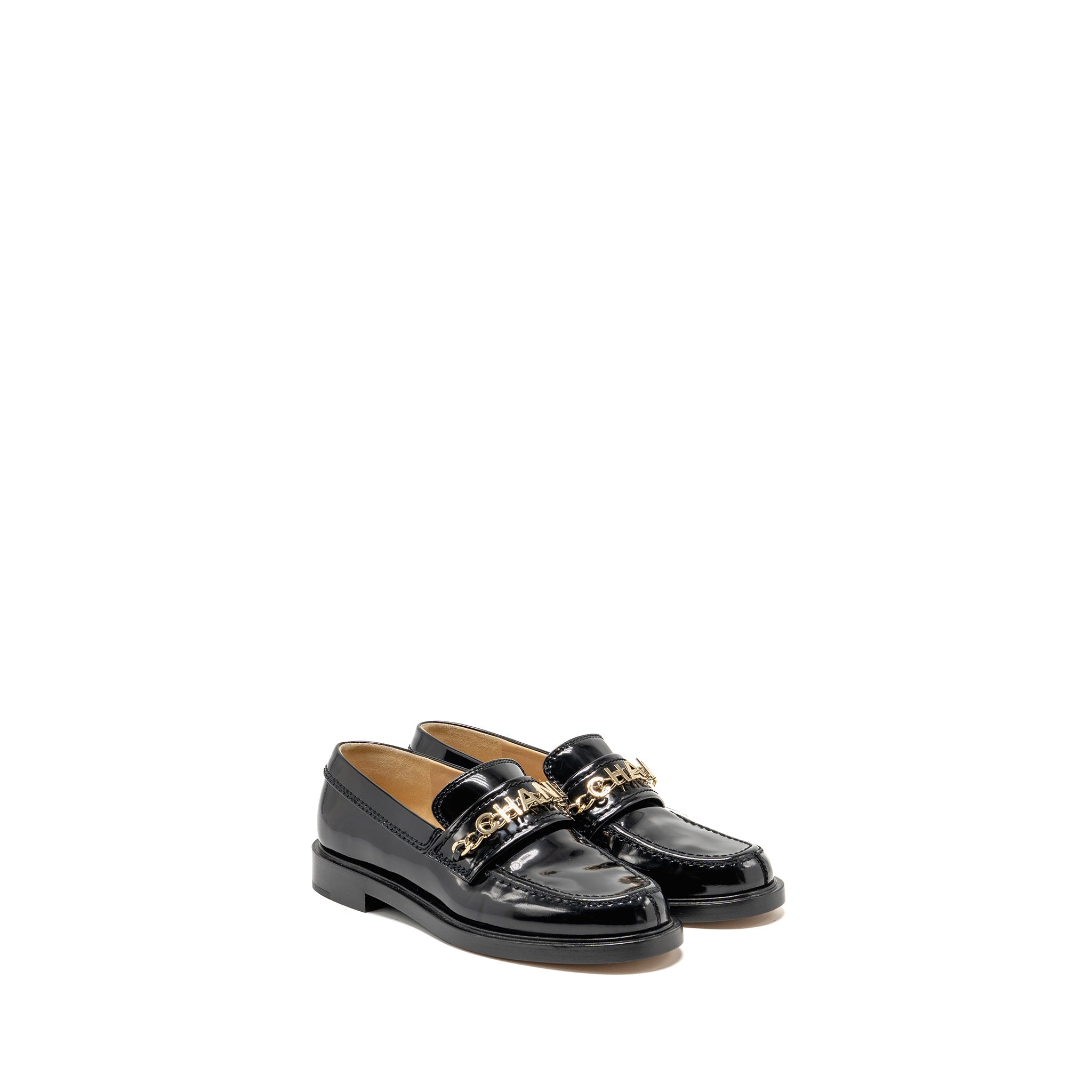 chanel-size-35-letter-loafer-shiny-calfskin-black-lghw-copy