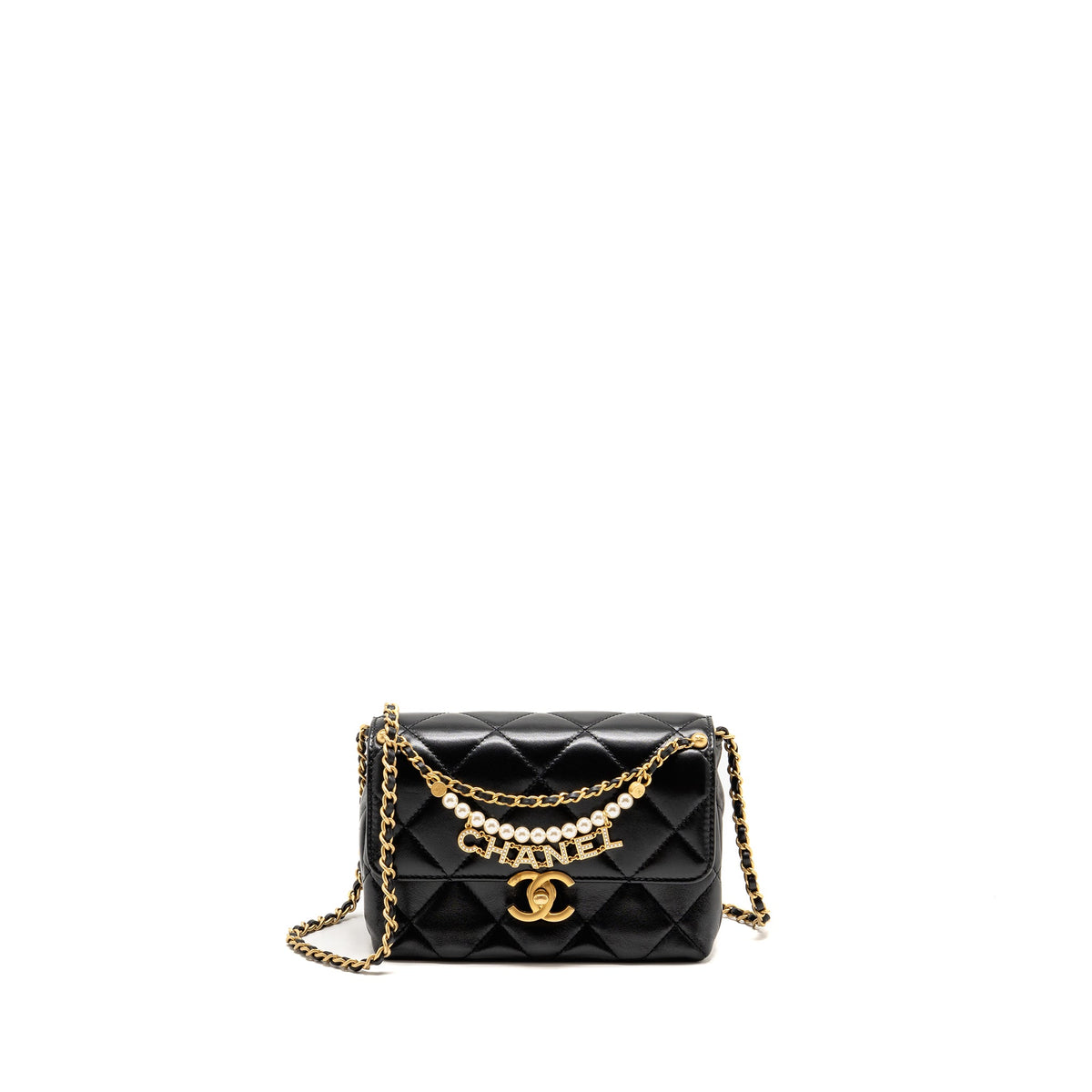 chanel-pearl-logo-chain-quilted-flap-bag-lambskin-black-ghw-microchip