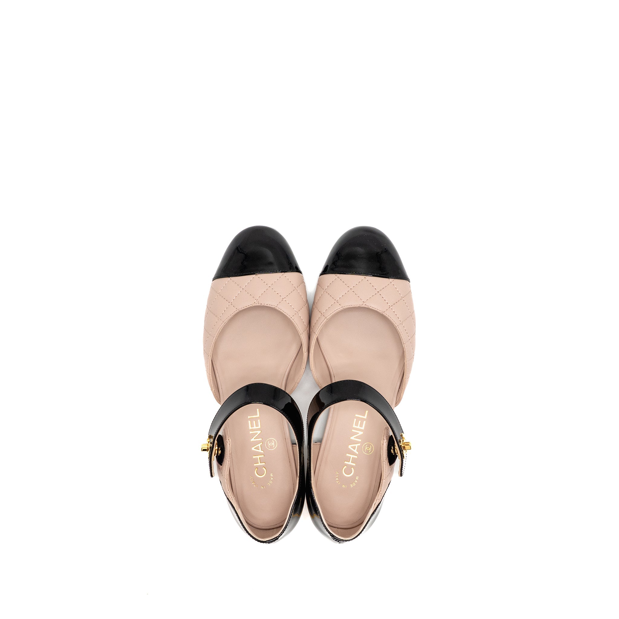 chanel-size-37-5-mary-janes-ballet-flats-leather-patent-black-light-pink-ghw
