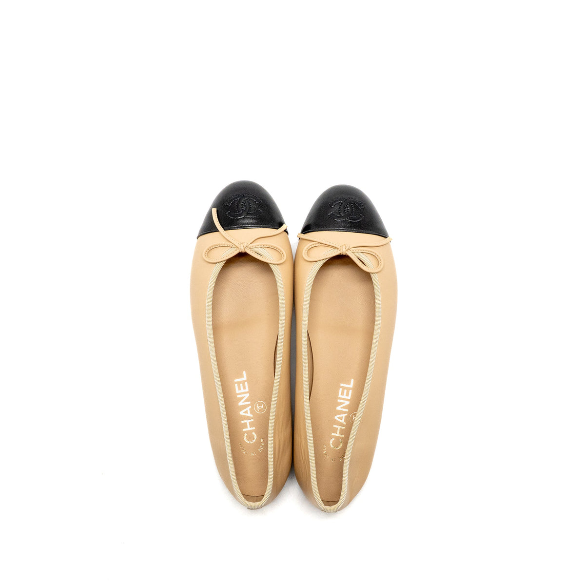 chanel-size-37-5-ballerinas-flat-shoes-lambskin-beige-black