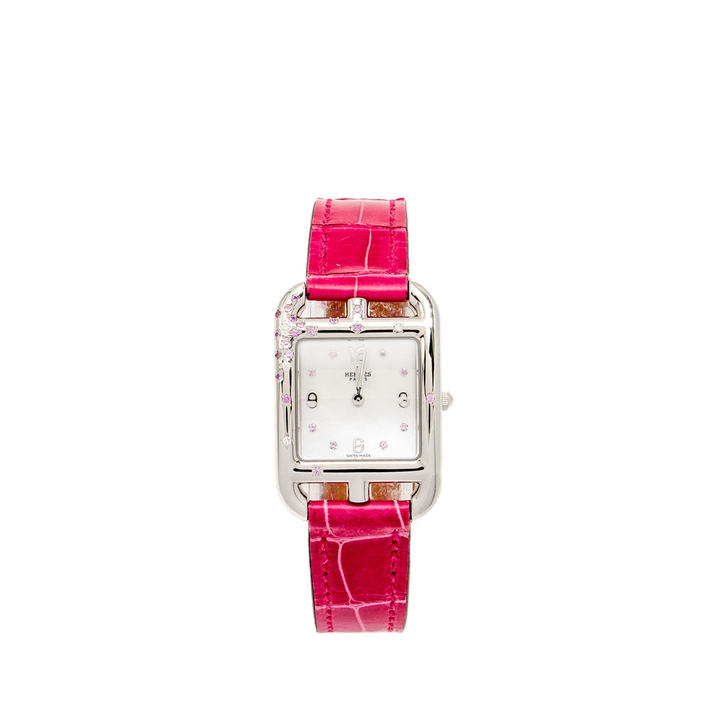hermes-cape-cod-watch-small-model-31mm-steel-case-mother-of-pearl-dial-with-diamonds-alligator-raspberry-strap