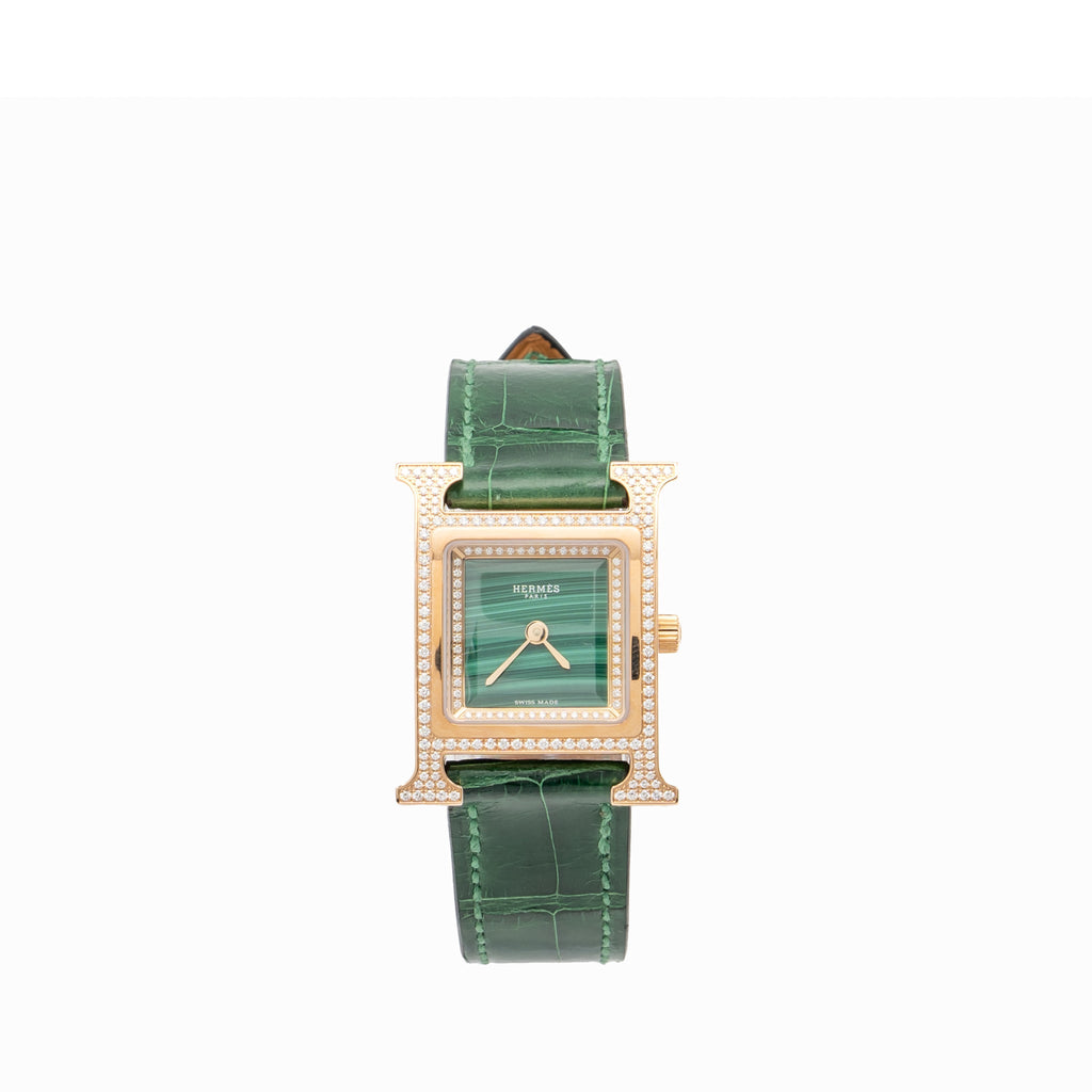 hermes-heure-watch-small-model-rose-gold-with-diamonds-green-dial