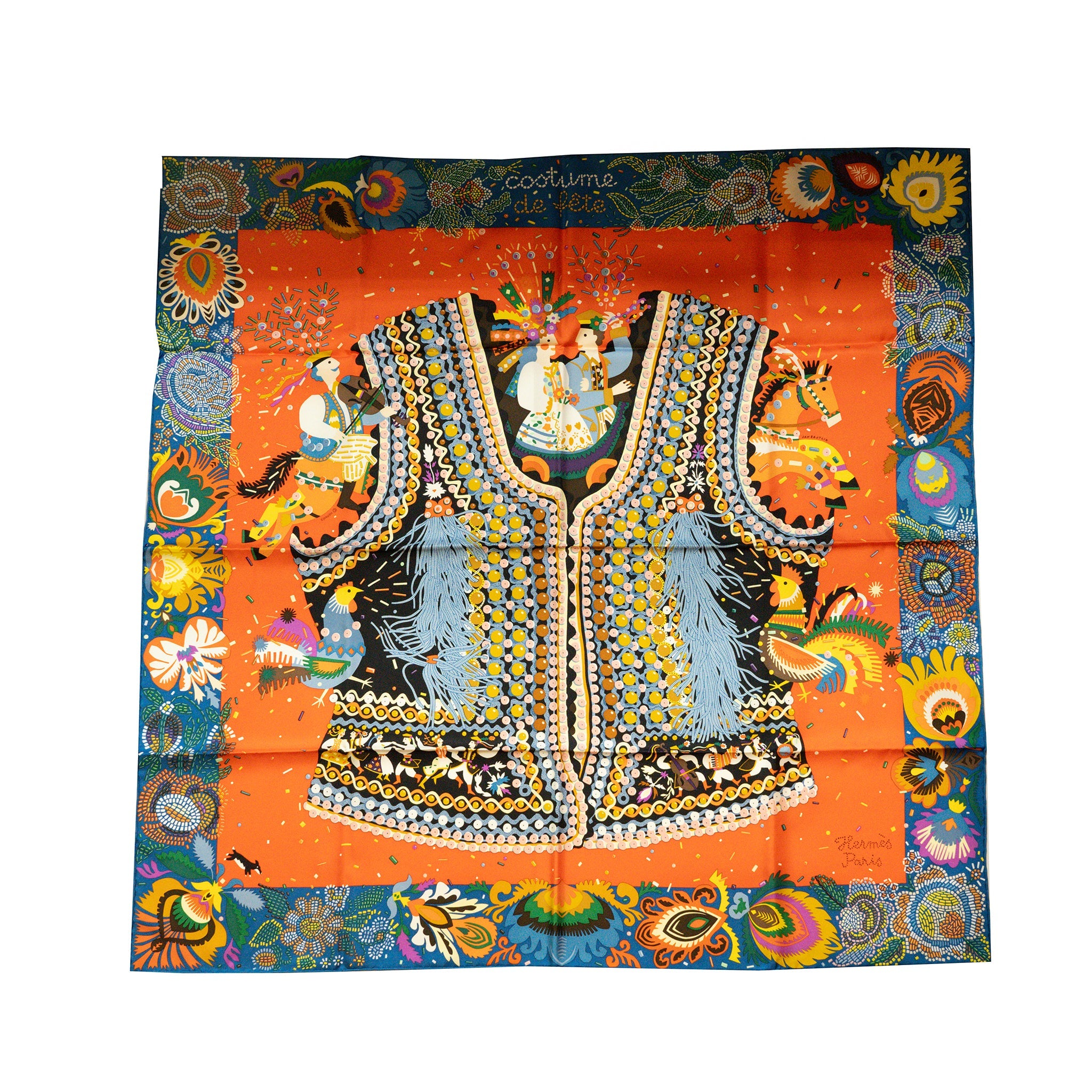 hermes-90-90cm-silk-scarf-costume-de-fete-td-vermillon-blue-azu