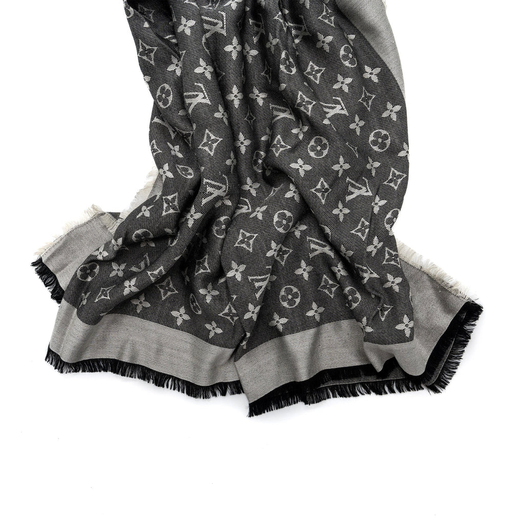 louis-vuitton-monogram-scarf-silk-wool-black-grey