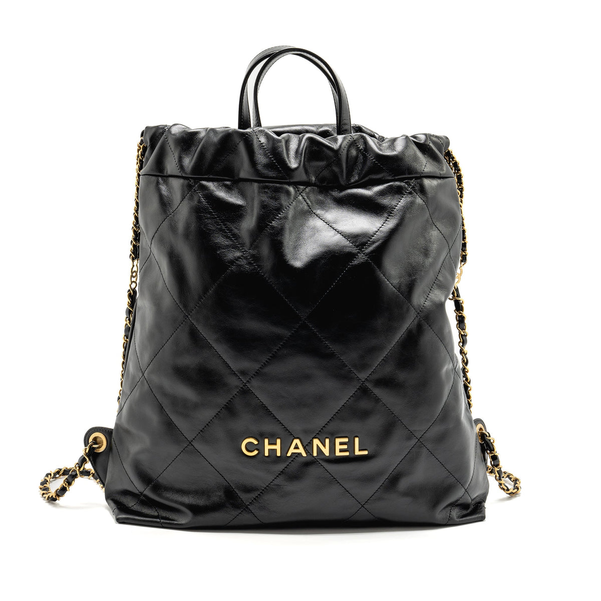LARGE 22 BACKPACK GOLD LETTER LOGO SHINY CALFSKIN BLACK GHW(MICROCHIP)